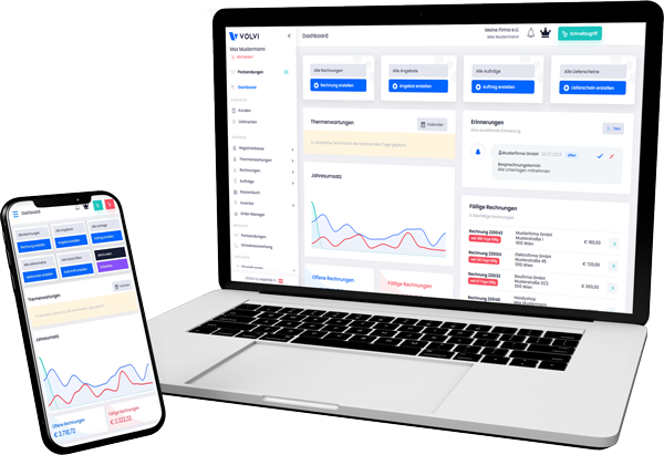 volvi Rechnungsprogramm – Dashboard auf Laptop und Handy